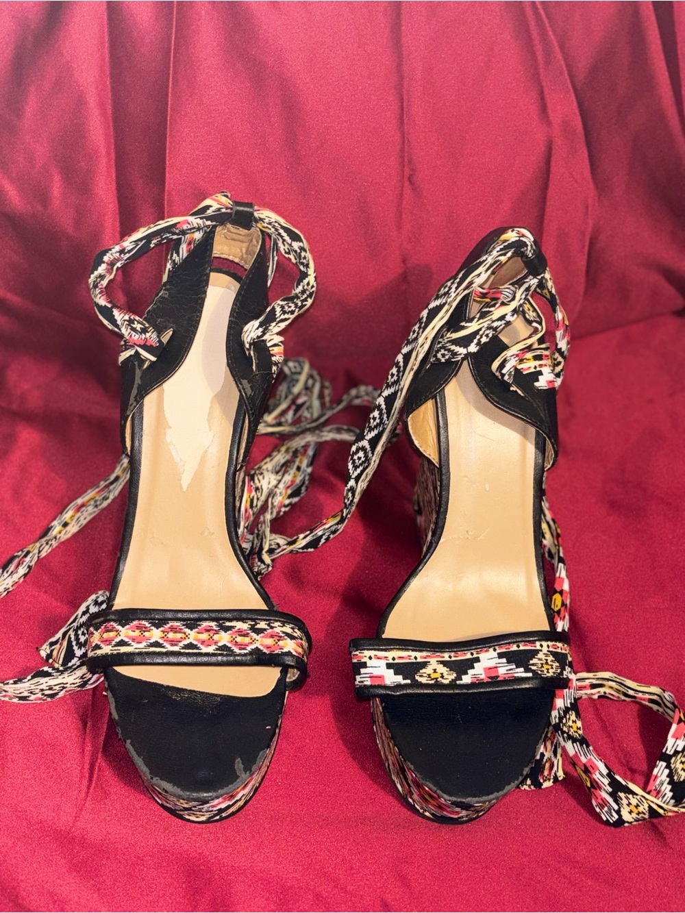 Women’s Black Embroidered Lace-Up Platform Sandals